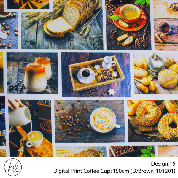 Digital Print Coffee Cups Fabric (Design 15) (150cm) (Per m) (Dark Brown)