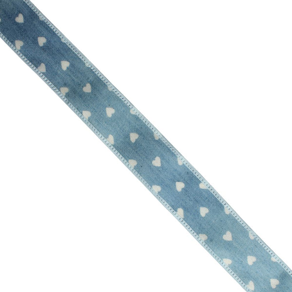 RIBBON DENIM PRT HEARTS 25MM WHITE FREE