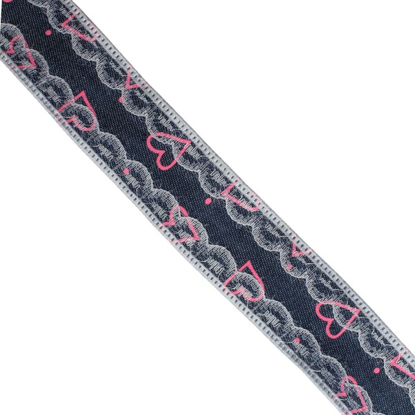 RIBBON DENIM PRT HEARTS 25MM PINK FREE