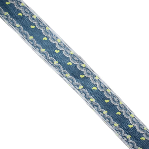 RIBBON DENIM PRT HEARTS 25MM NEON/GREEN FREE