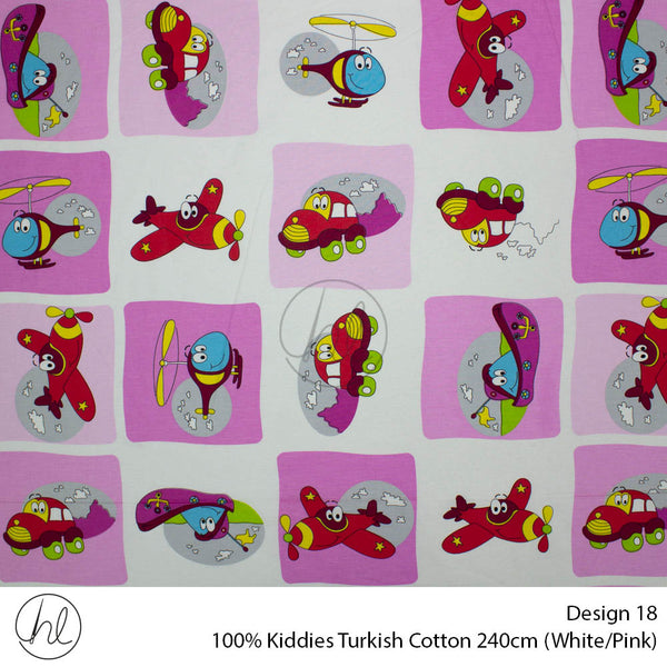 100% Kiddies Turkish Cotton (Design 18) (240cm) (Per M) (White/Pink)