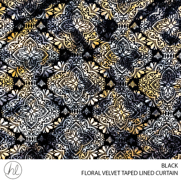 TAPED LINED READY-MADE CURTAIN (FLORAL VELVET) (BLACK) (230X218CM)