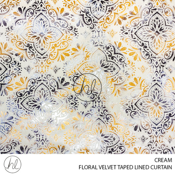 TAPED LINED READY-MADE CURTAIN (FLORAL VELVET) (CREAM) (230X218CM)