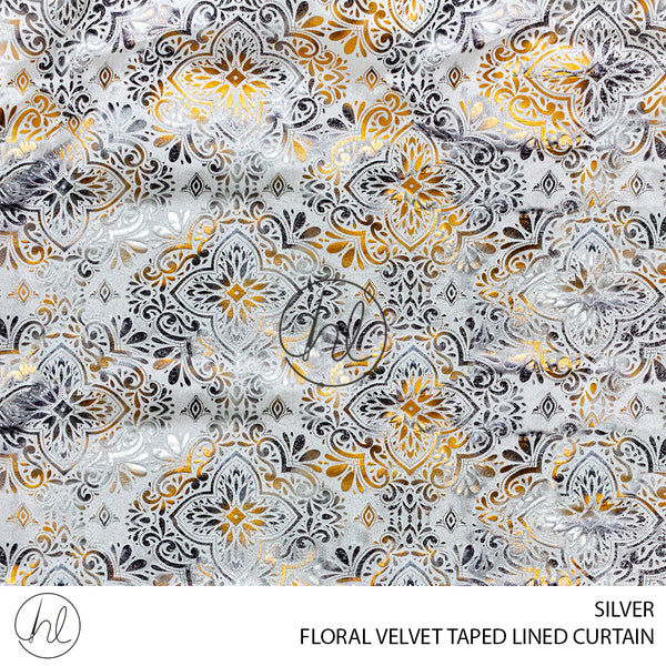 TAPED LINED READY-MADE CURTAIN (FLORAL VELVET) (SILVER) (230X218CM)