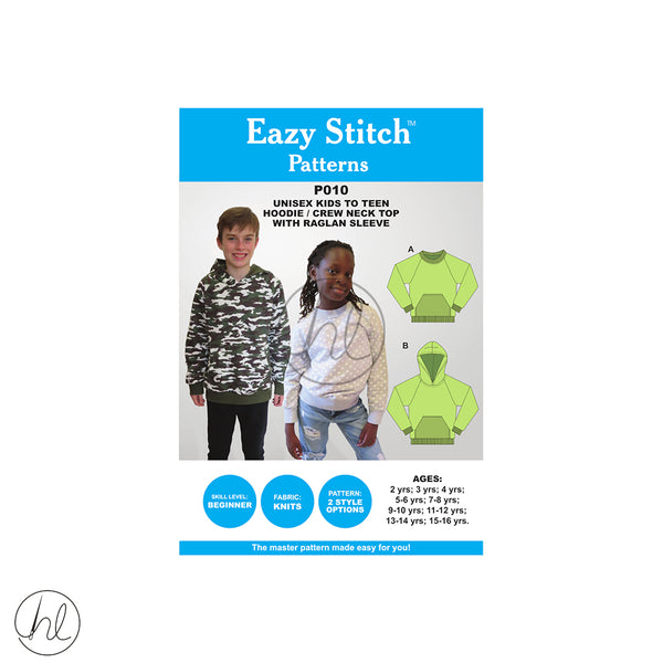 Eazy Stitch Patterns - Unisex Kids To Teen Hoodie /Crew Neck Top With Raglan Sleeve 	P010