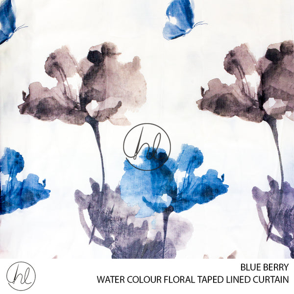 TAPED LINED READY-MADE CURTAIN (WATER COLOUR FLORALS) (BLUE BERRY) (225X218CM)