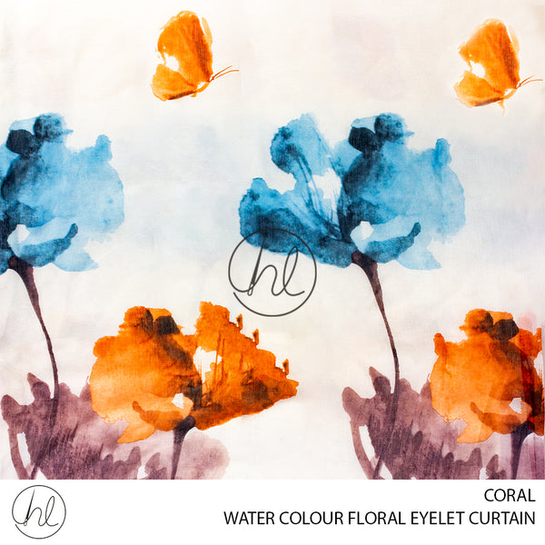 EYELET READY-MADE CURTAIN (WATER COLOUR FLORALS) (CORAL) (225X220CM)