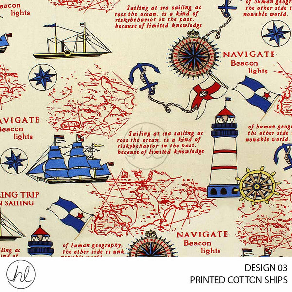 PRINTED COTTON SHIPS (DESIGN 03) (150CM) (PER M) RED/IVORY