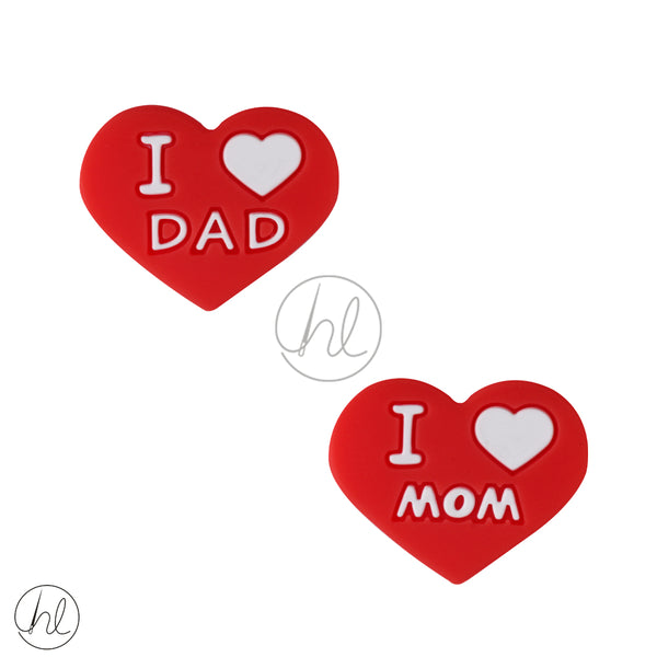 SILICONE BEAD I LOVE MOM & DAD RED EACH
