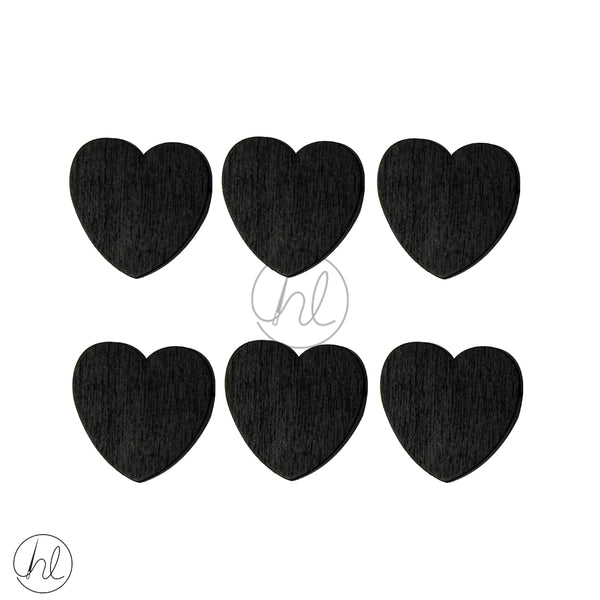 WOODEN BEADS FLAT HEARTS BLACK 6 PER PACK