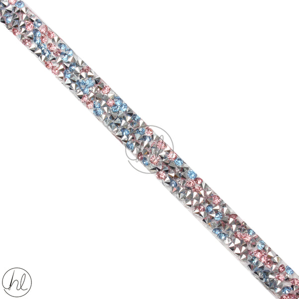 DIAMANTE BRAID BLUE AND PINK IRON ON (10MM) P/METER