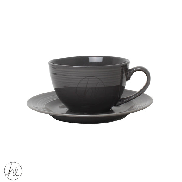 JENNA CLIFFORD CUP AND SAUCER EMBOSSED LINES (DARK GREY) JC-7070