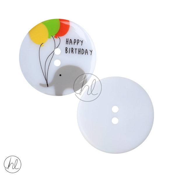 BUTTONS FANCY CONFETTI (40MM) (WHITE) HAPPY BIRTHDAY ELEPHANT