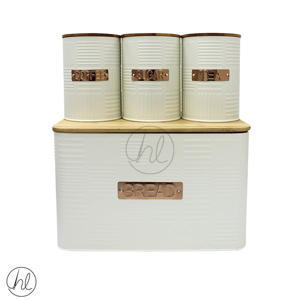 WOODEN COVERED BREAD BIN AND 3 PIECE CANISTER SET