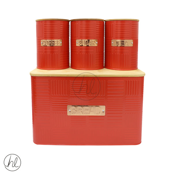 WOODEN COVERED BREAD BIN AND 3 PIECE CANISTER SET