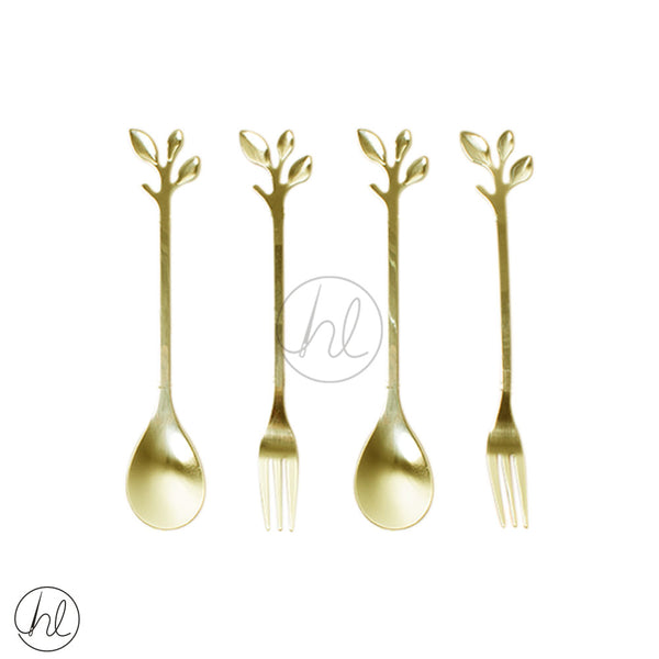 4 PIECE LEAF CAKE SPOON AND FORK SET (JY-09) (GOLD)