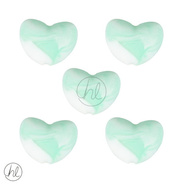 SILICONE BEAD HEARTS MARBLE MINT 5 PER PACK